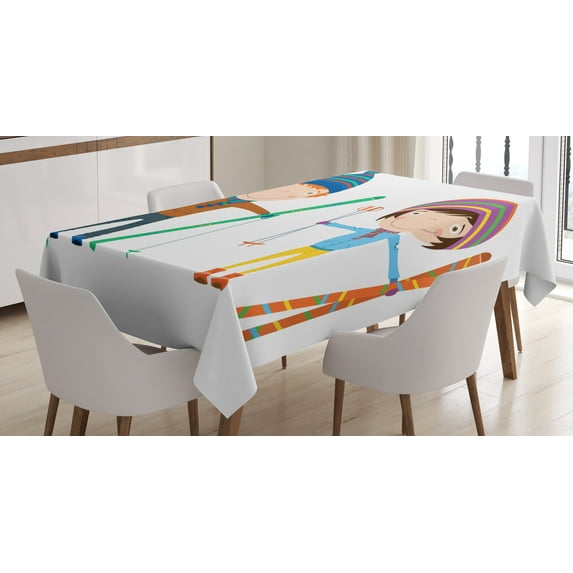 Ambesonne Sports Tablecloth Rectangular Table Cover, Boy and Girl Skis, 60"x84", Multicolor
