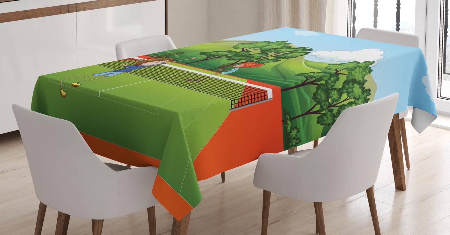Ambesonne Sports Tablecloth Rectangular Table Cover, Friends Play Tennis, 52"x70", Multicolor