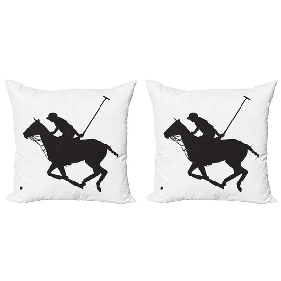 Ambesonne Sports Throw Pillow Cover 2 Pack, Polo Player Horse Silhouette, 24", Charcoal Grey and White