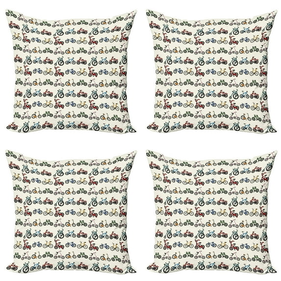 Ambesonne Sports Throw Pillow Cover 4 Pack, Colorful Bicycles Pattern, 18", Multicolor