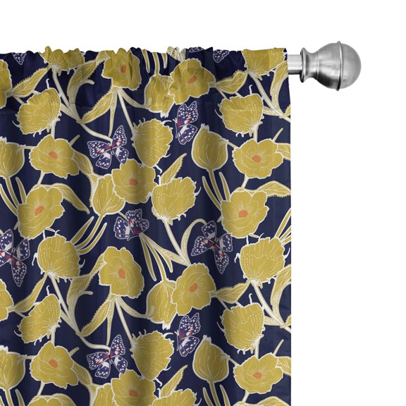 Ambesonne Spring Window Curtains, Botanic Floral Butterflies, Each 28" W x 63" L, Yellow Dark Indigo