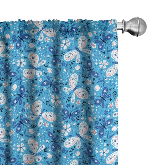 Ambesonne Spring Window Curtains, Butterflies Flowers Pattern, Each 28" W x 63" L, Azure Blue Coral