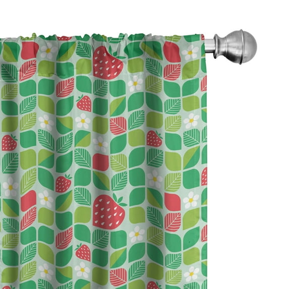Ambesonne Spring Window Curtains, Daisy Strawberry Leaves Art, Each 28" W x 95" L, Dark Coral Lime Green