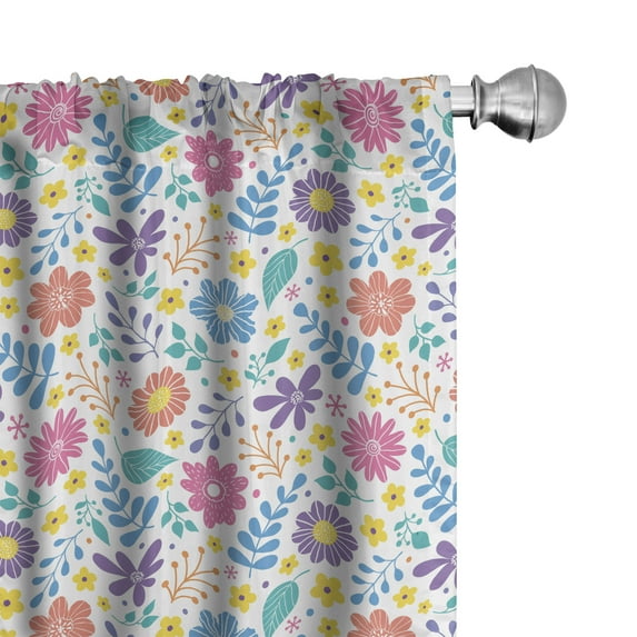 Ambesonne Spring 4-Panel Curtains, Scattered Flowers Leaves Art, 56"x84", Pink Yellow Lavender
