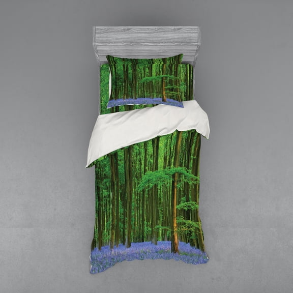 Ambesonne Spring Bedding Set 3 Pcs, Beaming Sun and Bluebell, Twin XL, Green Lavender