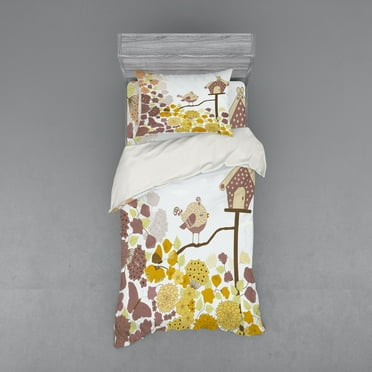 Ambesonne Spring Bedding Set 3 Pcs, Funny Shaped Bird and House, Twin XL, Pale Blue Multicolor