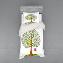 Ambesonne Spring Bedding Set 3 Pcs, Heart Shape Tree Blossom, Twin, Pink Green Brown