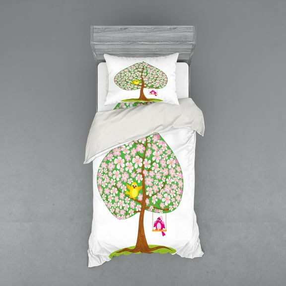 Ambesonne Spring Bedding Set 3 Pcs, Heart Shape Tree Blossom, Twin, Pink Green Brown