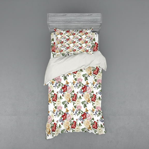 Ambesonne Spring Bedding Set 3 Pcs, Lilacs Roses Flowers, Twin, Pale Pink Cream