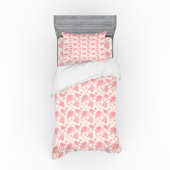 Ambesonne Spring Bedding Set 3 Pcs, Pinkish Watercolor Flowers, Twin XL, Pink Peach and Cream
