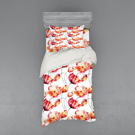 Ambesonne Spring Bedding Set 3 Pcs, Poppy Tulip Flora, Twin, Red White Orange
