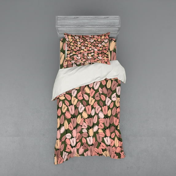 Ambesonne Spring Bedding Set 3 Pcs, Retro Tulips Flowers, Twin, Cocoa Coral Cream