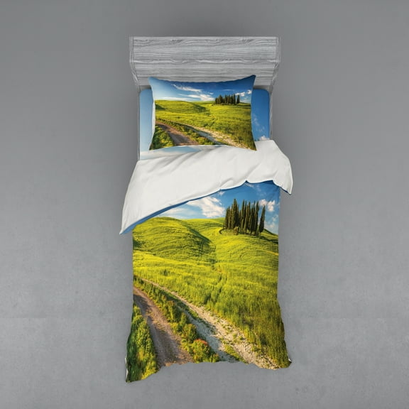 Ambesonne Spring Bedding Set 3 Pcs, Tuscany Wildflowers View, Twin XL, Sky Blue Fern Green