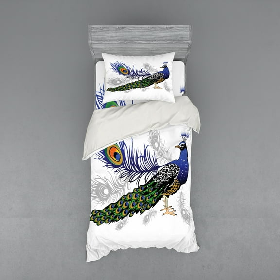 Ambesonne Spring Bedding Set 3 Pcs, Wild Peacock Feather, Twin XL, Multicolor