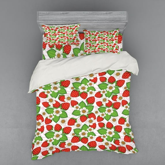Ambesonne Spring Bedding Set 4 Pcs, Floral Strawberry Scene, Queen, Green Red