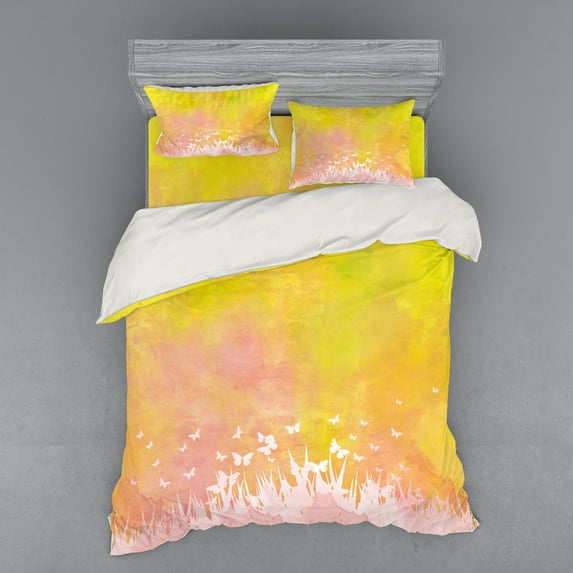 Ambesonne Spring Bedding Set 4 Pcs, Flower Butterfly Colored, Queen, Earth Yellow Pale Pink