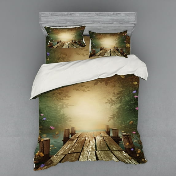 Ambesonne Spring Bedding Set 4 Pcs, Lake and Blooming Flora, Queen, Multicolor