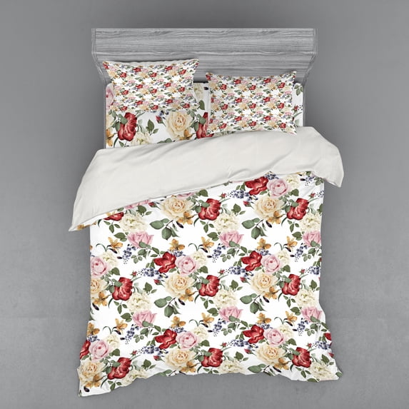Ambesonne Spring Bedding Set 4 Pcs, Lilacs Roses Flowers, Queen, Pale Pink Cream