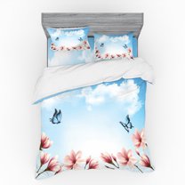 Ambesonne Spring Bedding Set 4 Pcs, Magnolia Branches Bugs, Queen, Pale Pink Blue and White