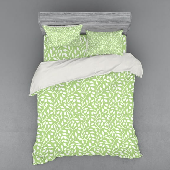 Ambesonne Spring Bedding Set 4 Pcs, Modern Leaf Pattern, Queen, Pale Green White