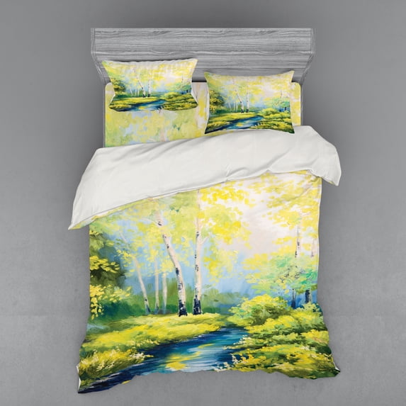 Ambesonne Spring Bedding Set 4 Pcs, Pastoral Forest Woods, Queen, Green Blue