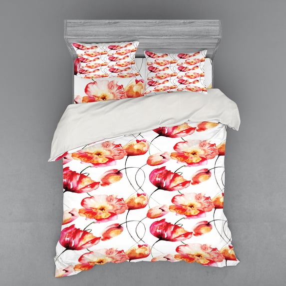 Ambesonne Spring Bedding Set 4 Pcs, Poppy Tulip Flora, Queen, Red White Orange