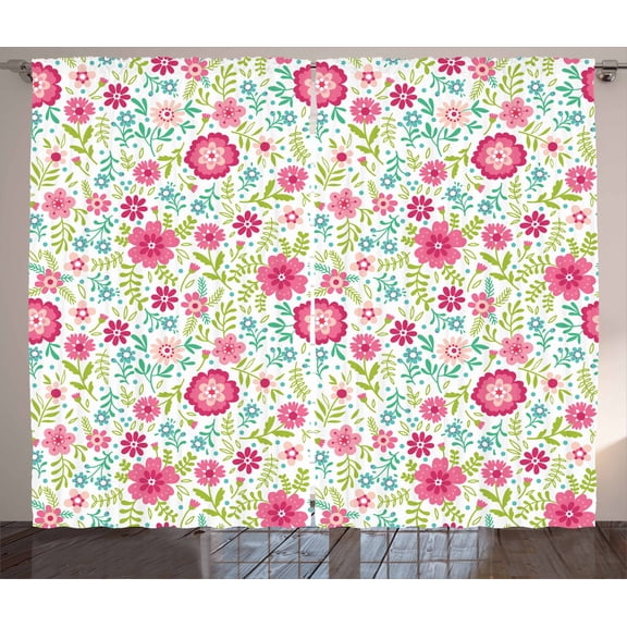 Ambesonne Spring Curtains 2 Panel Set, Blossoming Field Fern Leaves, 108" x 84", Lime Green Turquoise