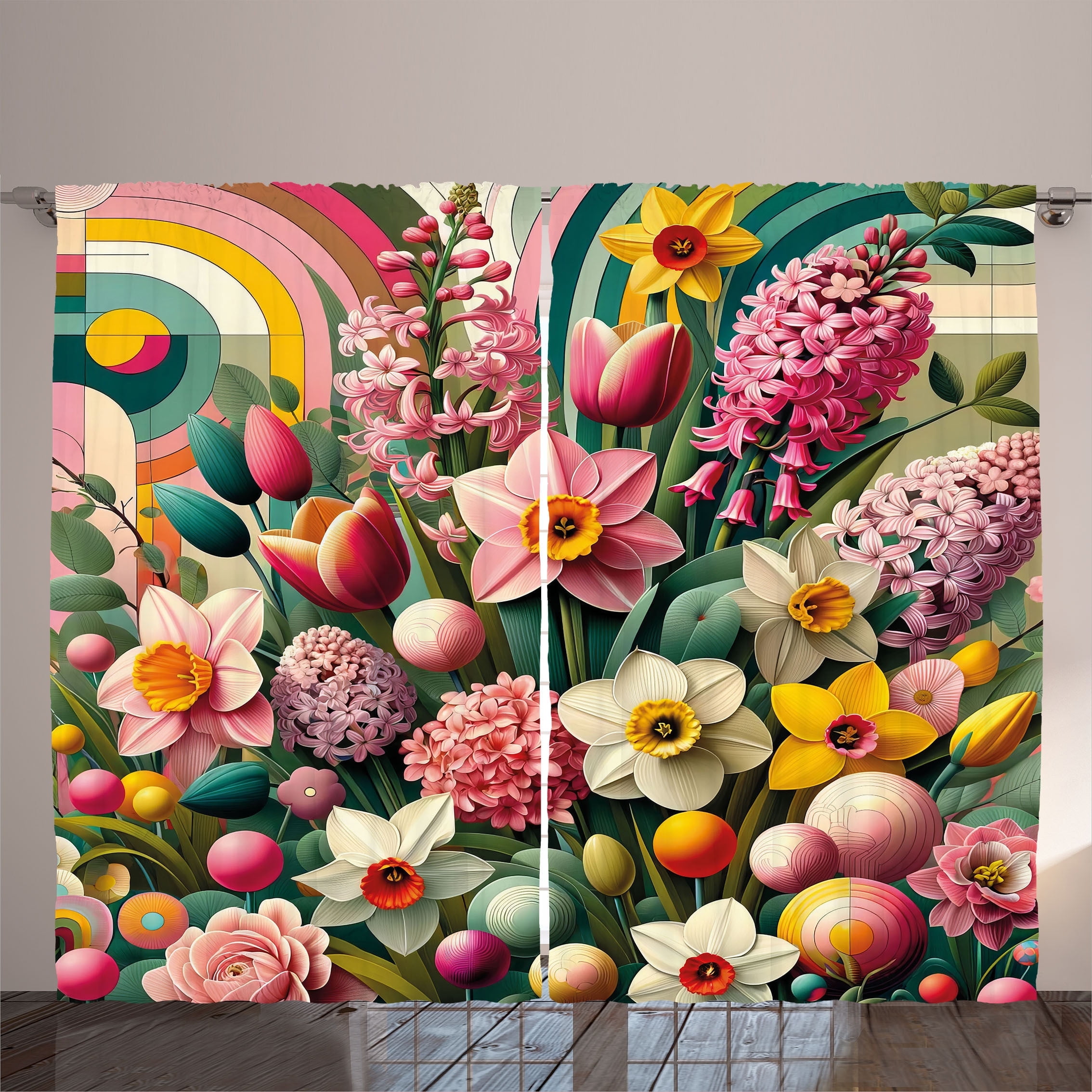 Floral Blush Magenta Sea Green Polyester Curtain Panels