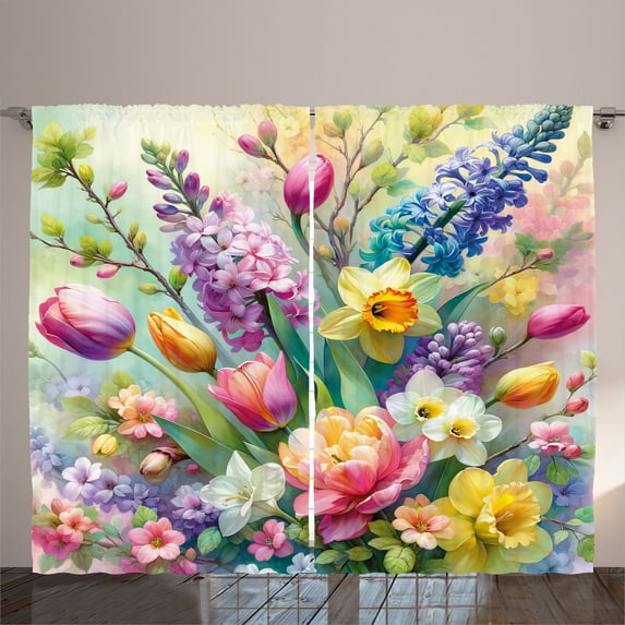 Ambesonne Spring Curtains 2 Panel Set, Dream Scene Flowers Lavender, 108" x 90", Pale Lilac Fern Green