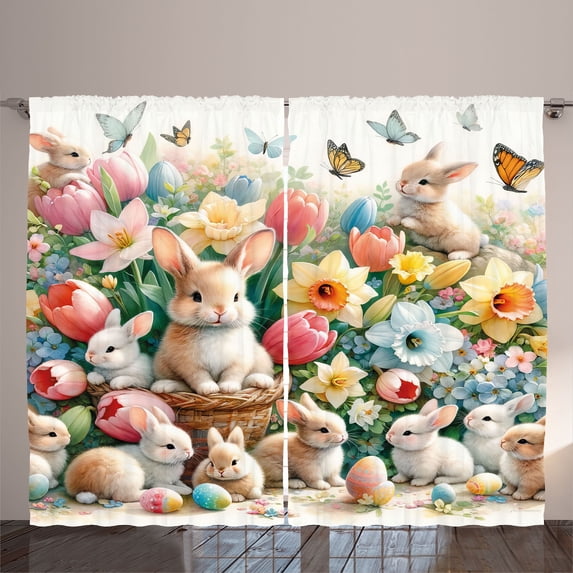 Ambesonne Spring Curtains 2 Panel Set, Easter Happy Flowers Rabbits, 108" x 90", Beige Coral Multicolor