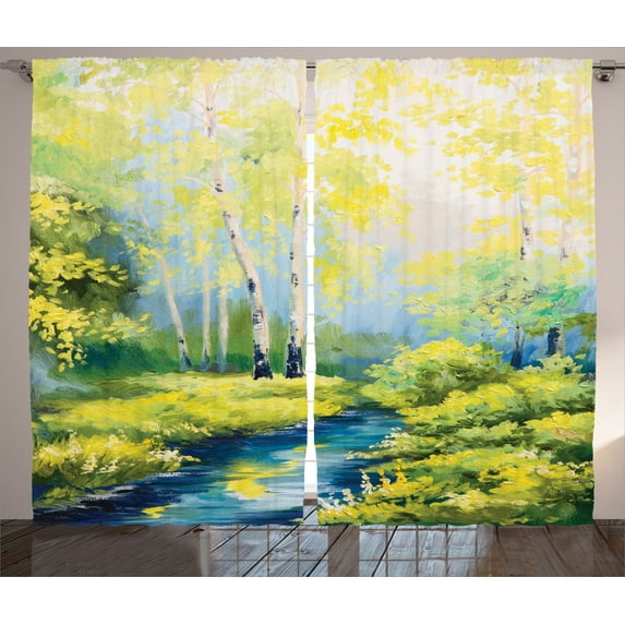 Ambesonne Spring Curtains 2 Panel Set, Pastoral Forest Woods, 108" x 84", Green Blue