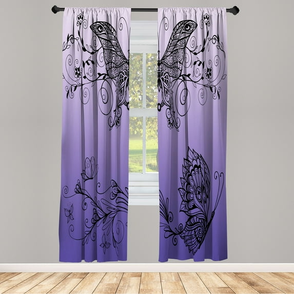 Ambesonne Spring Curtains, Butterfly Floral Art Boho, Pair of 28"x84", Dark Lavender