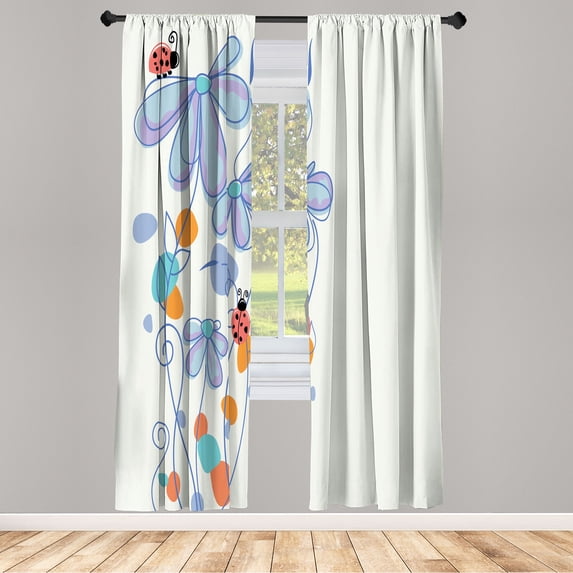 Ambesonne Spring Curtains, Flowers Oval Ladybugs Print, Pair of 28"x63", Pale Lavender