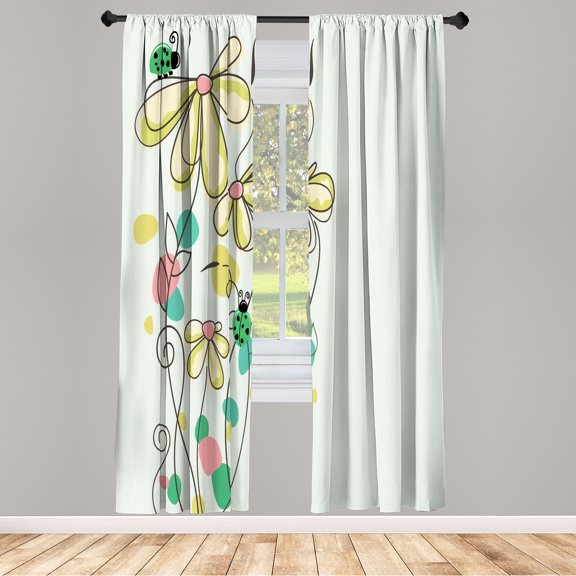 Ambesonne Spring Curtains, Ladybug Illustration Floral, Pair of 28"x63", Pale Yellow