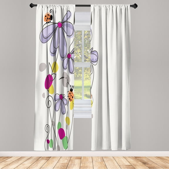 Ambesonne Spring Curtains, Ladybug Illustration Floral, Pair of 28"x84", Pale Mauve
