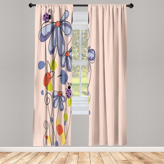 Ambesonne Spring Curtains, Ladybug Illustration Floral, Pair of 28"x95", Pale Peach