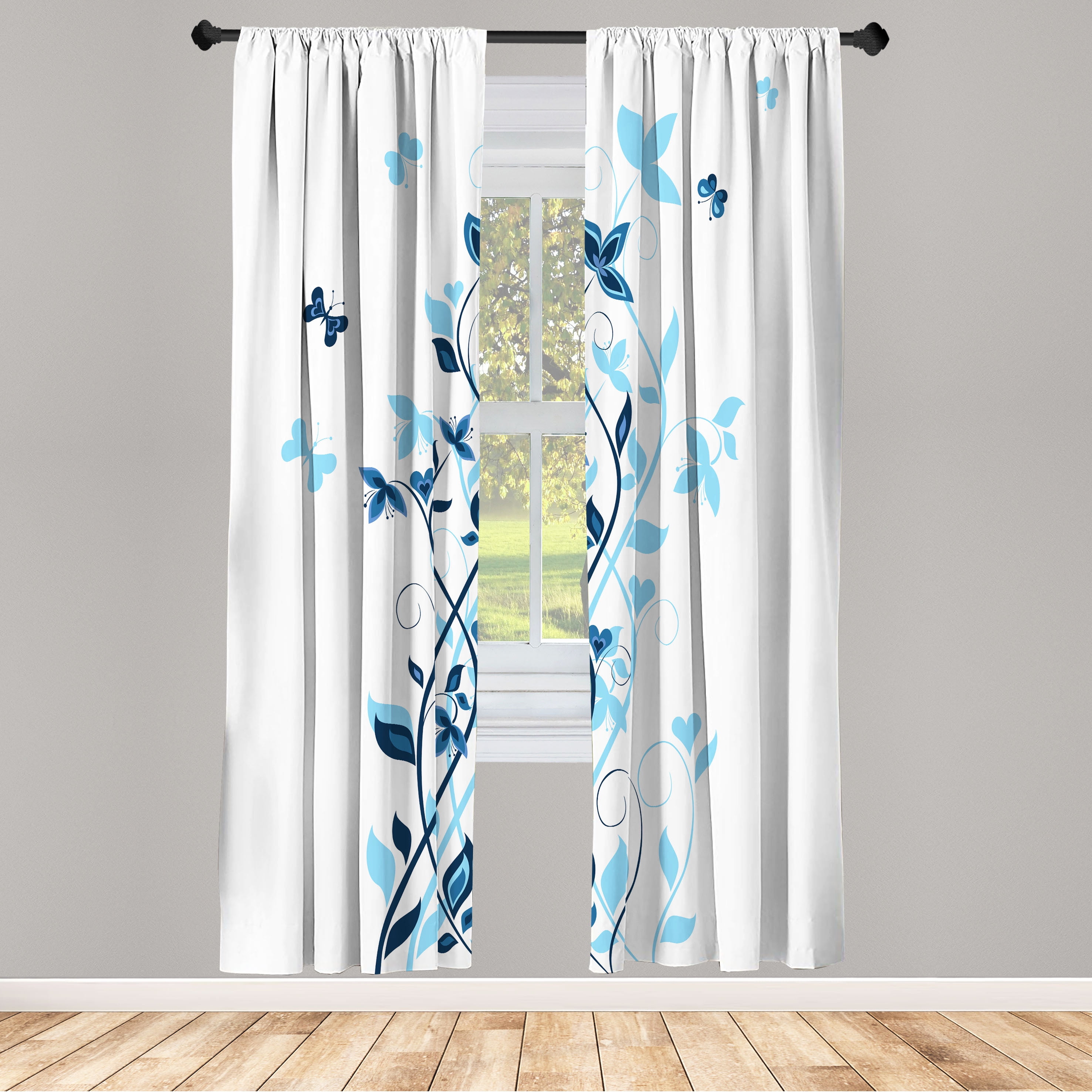 Petrol Blue and White Floral Microfiber Rod Pocket Curtain Panels