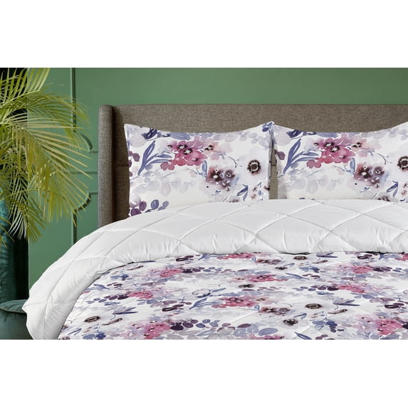 Ambesonne Spring Down Alternative Quilt Comforter, Anemone Flowers Leaves Art, King, Mauve Taupe and Blue Violet