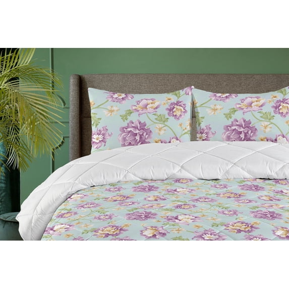 Ambesonne Spring Down Alternative Quilt Comforter, Watercolor Repeating Flora, King, Pale Eggplant Green