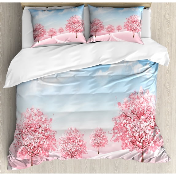 Ambesonne Spring Duvet Cover Set, Blooming Sakura Trees Scene, 2-Calking, Sky Blue Pastel Pink