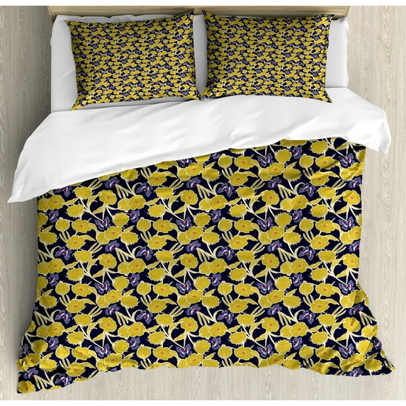 Ambesonne Spring Duvet Cover Set, Botanic Floral Butterflies, 2-Calking, Yellow Dark Indigo