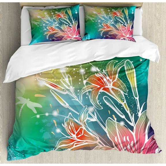 Ambesonne Spring Duvet Cover Set, Digital Lilacs Dragonfly, King, Fern Green Purple