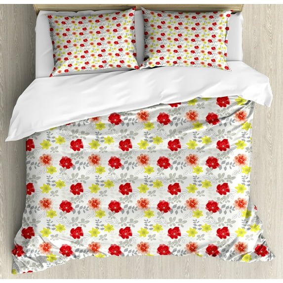 Ambesonne Spring Duvet Cover Sets, Beauty of Summer Blossoms, 2-Queen, Red Yellow Green and Grey