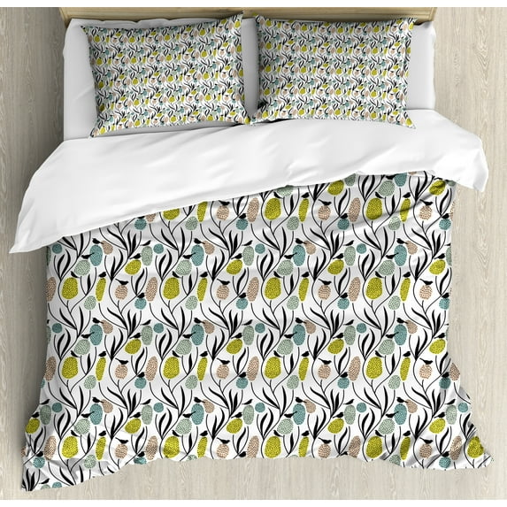 Ambesonne Spring Duvet Cover Sets, Birds and Abstract Plants, 2-King, Charcoal Grey Multicolor