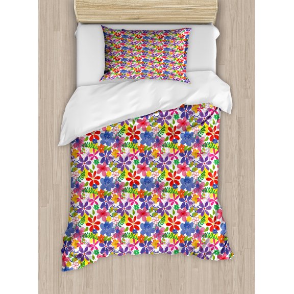 Ambesonne Spring Duvet Cover Sets, Flourishing Blossoms Pattern, 2-Twin, Multicolor