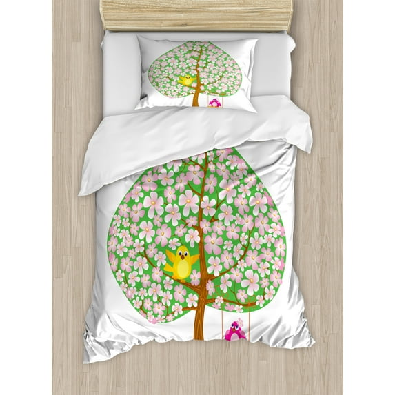 Ambesonne Spring Duvet Cover Sets, Heart Shape Tree Blossom, 2-Twin, Pink Green Brown