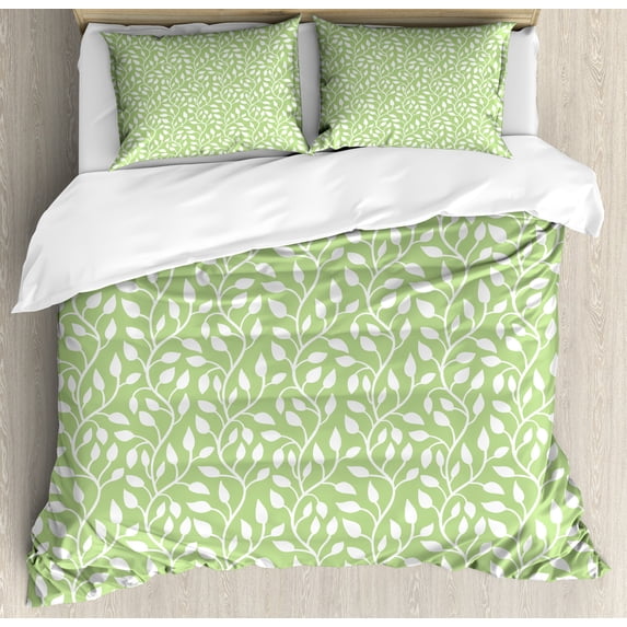 Ambesonne Spring Duvet Cover Sets, Modern Leaf Pattern, 2-King, Pale Green White