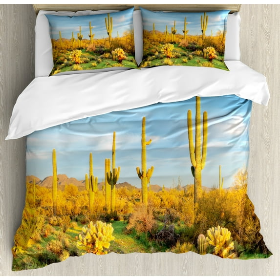 Ambesonne Spring Duvet Cover Sets, Sonoran Desert Blooms, 2-King, Marigold Blue Green