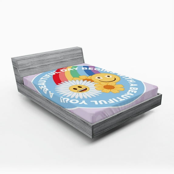 Ambesonne Spring Emoji Fitted Sheet, Rainbow Flowers Fun, California King, Lilac Multicolor