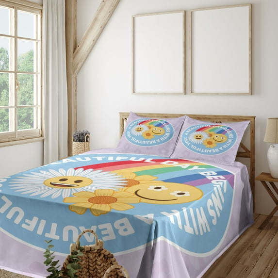 Ambesonne Spring Emoji Fitted & Top Sheet Set with Shams, Rainbow Flowers Fun, Lilac Multicolor